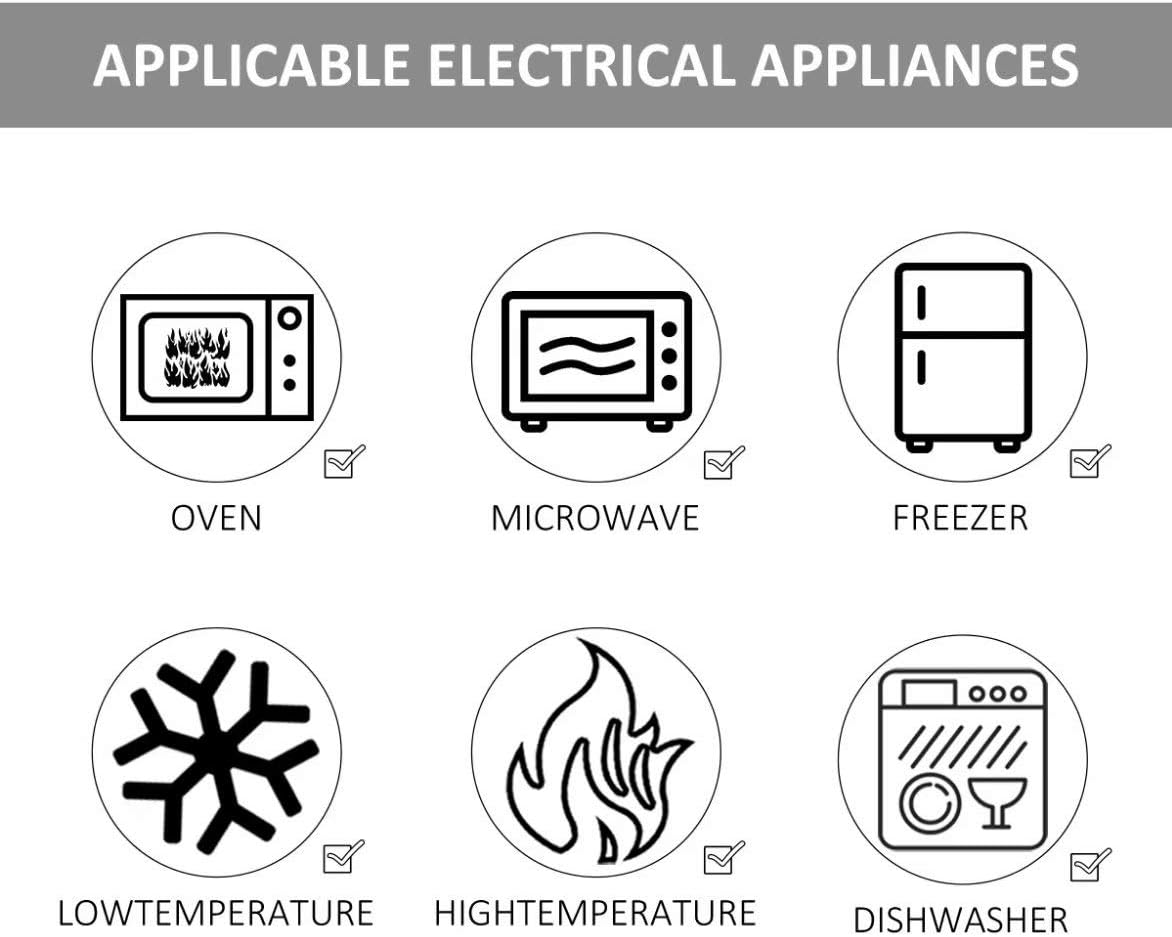 A graphic illustrating the compatibility of the cups with various appliances, including oven, microwave, freezer, low temperature, high temperature, and dishwasher.