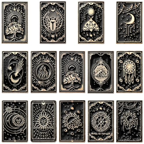 Image of SUNNYCLUE 1 Box 14Pcs 14 Styles Tarot Card Enamel Pins Gothic Brooch Pin Black Alloy Divination Cards Themed Sun Moon Star Lapel Badge Brooches Set for Backpacks Bags Clothing Decoration Accessories