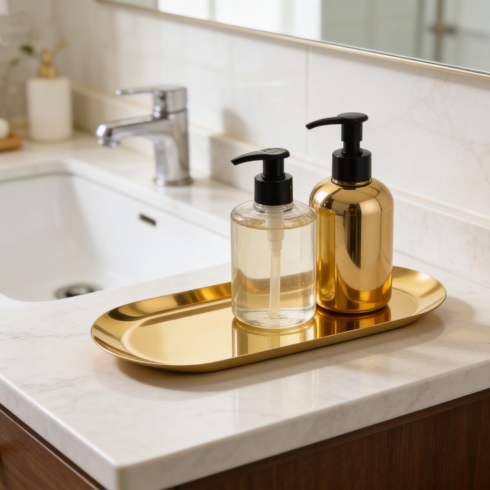 Confezione da 2 vassoi decorativi in acciaio inossidabile, vassoio ovale da 30,5 cm, per gioielli, piccoli piatti portaoggetti per cosmetici, organizer per chiavi del bagno, candele (oro)