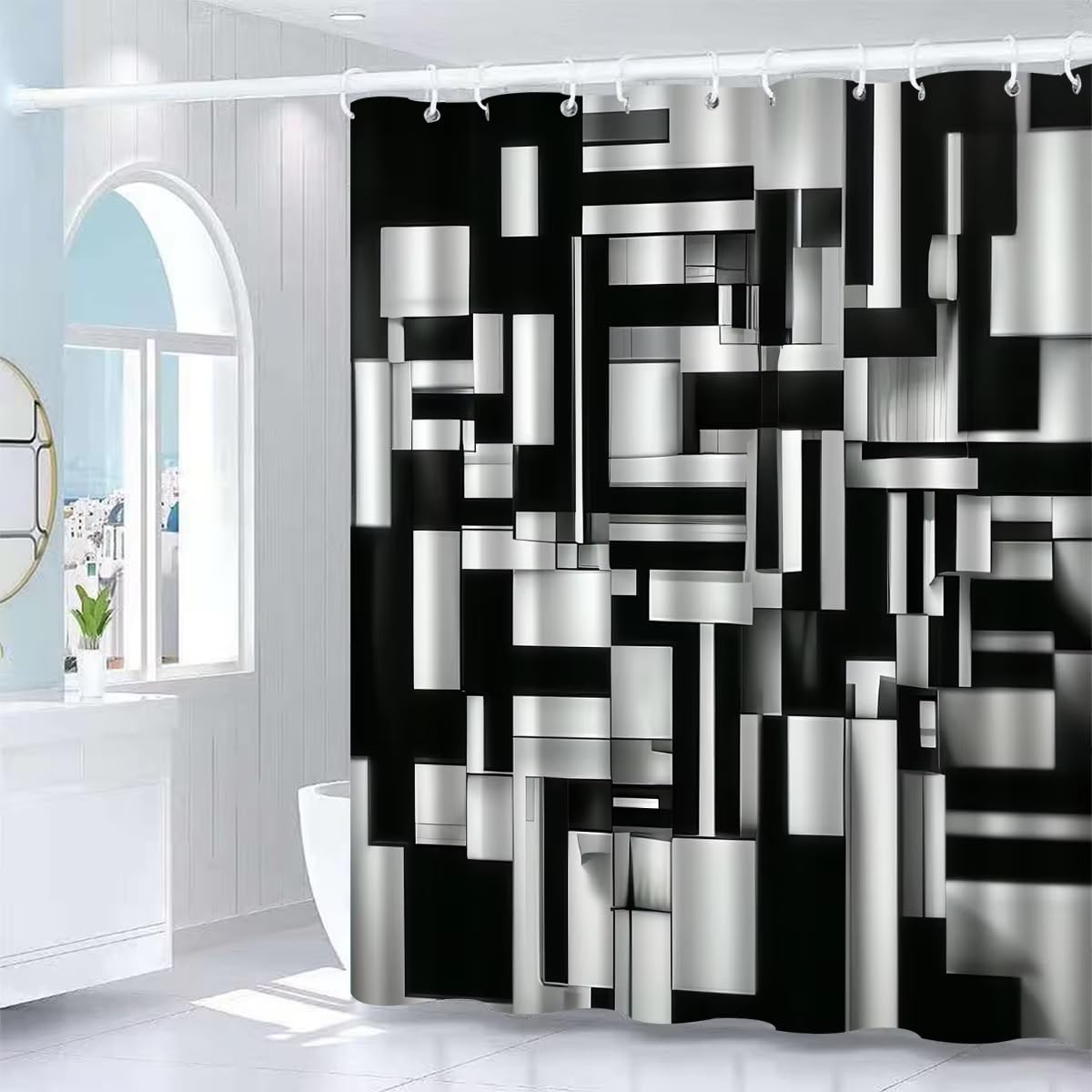 Rideau de douche moderne abstrait en tissu imperméable haut de gamme, lignes géométriques 200x200