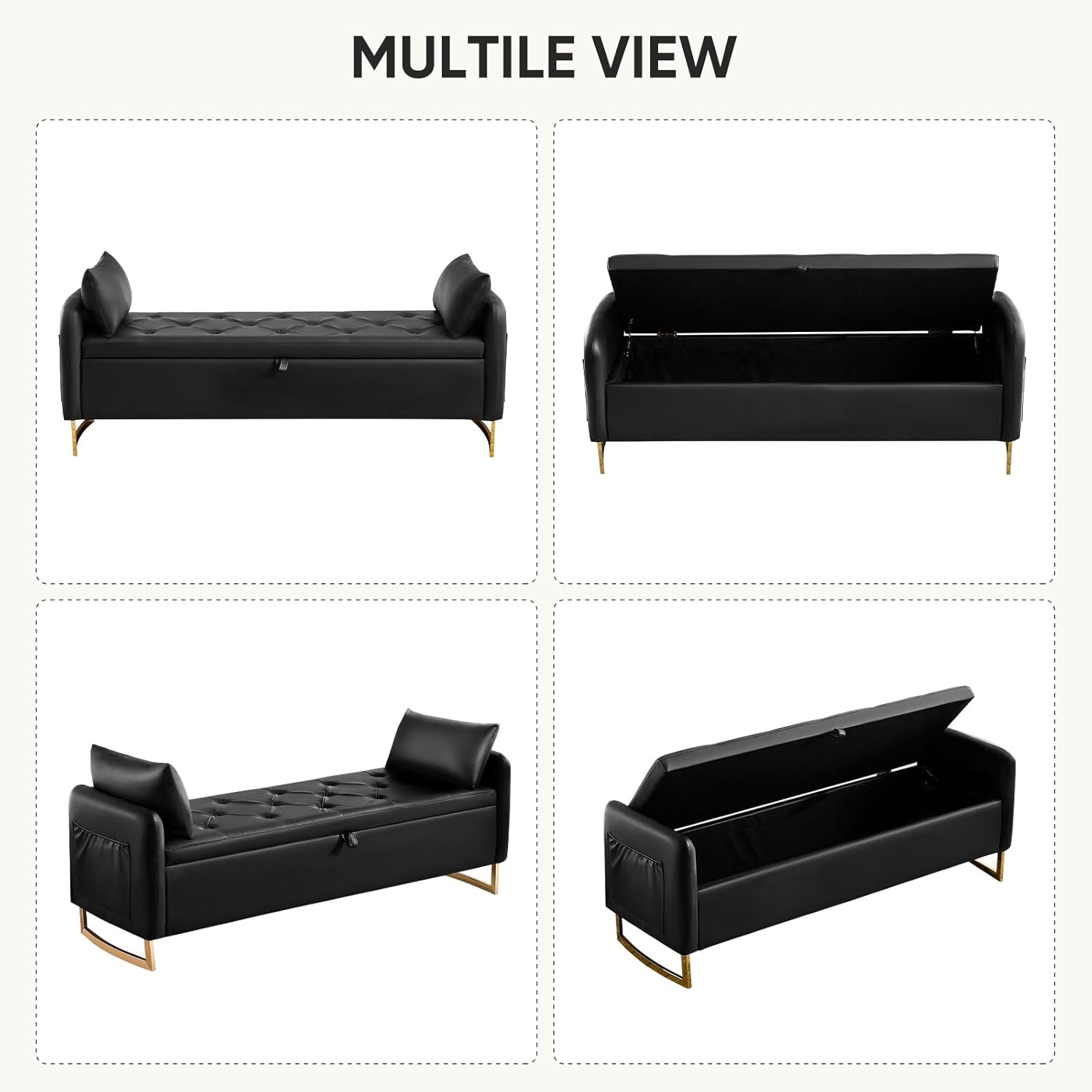 65" Storage Bench for Bedroom, End of Bed Storage Bench King Size for Foot of Bed with Tufted Button and Gold Legs, Upholstered Faux Leather Window Ottoman Benches with Armrests, Black