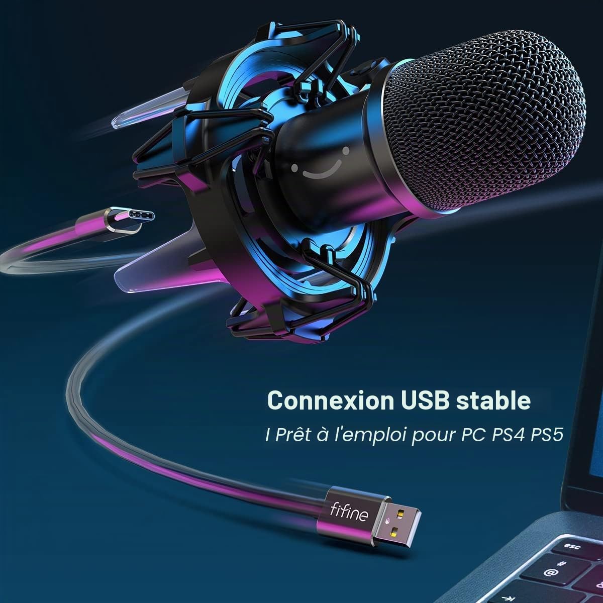 FIFINE USB Microphone Gaming Kit, Dynamiques Microphone pour Ordinateur, avec Bouton de Silence, 8 RGB Couleurs Fixation Antichoc, Support de Bras, Microphone Cardioïde, pour PC PS4 PS5