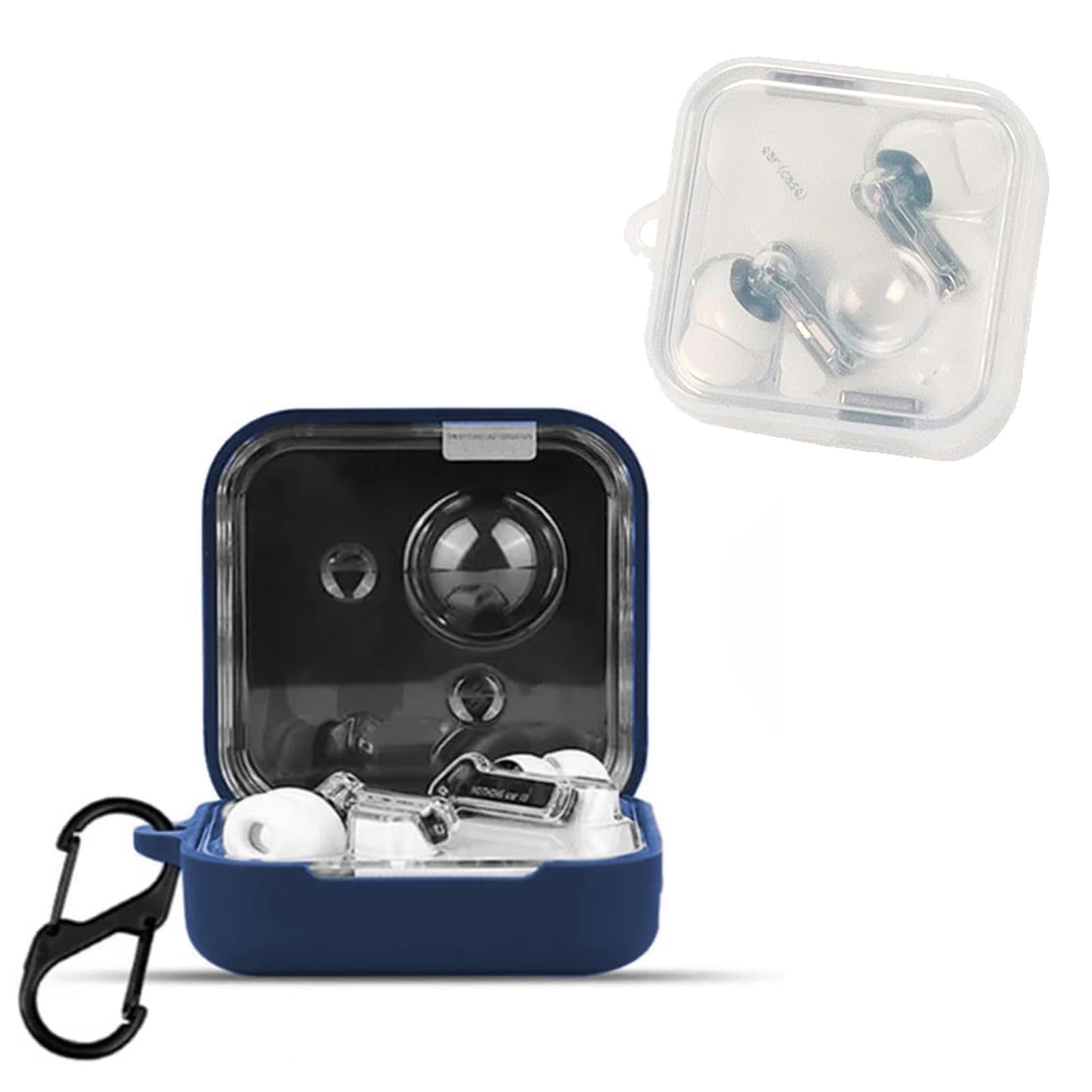 [2 Pack]Case for Nothing Ear 2024/Nothing Ear 3 with Carabiner,Anti-Scratch Premium Soft Silicone Full Protective Case,Shockproof Ultra Slim Headphone Protective Case,Blue+Transparent
