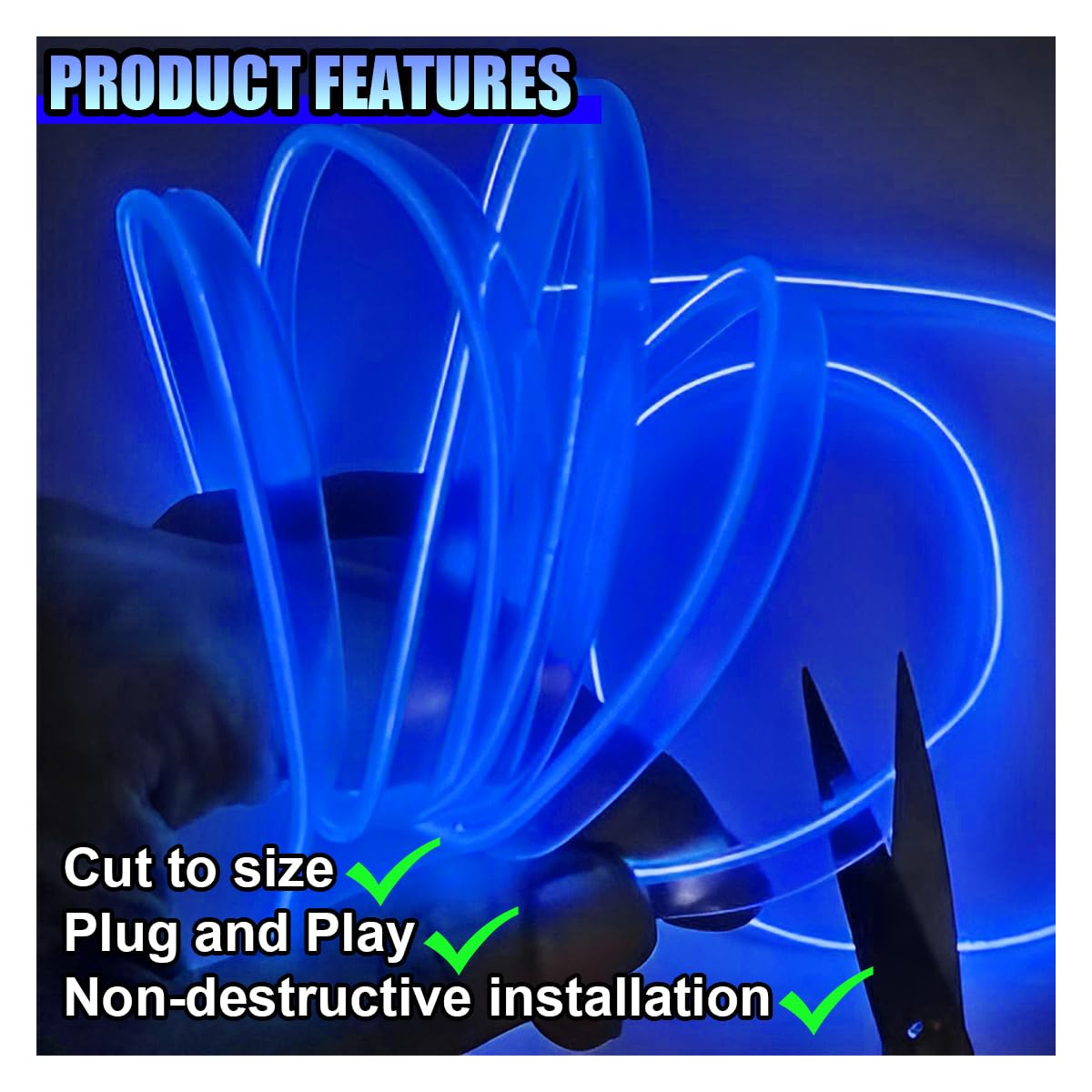 EL Wire Car Interior LED Strip Lights, 5V 16FT Neon Light Strip with Sewing Edge, USB Electroluminescent Car Interior Lights with Fuse Protection, Vehicle Ambient Lighting Decorations (Blue)