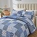 Mybedsoul Blue Boho Quilt Set King Size,3 Pieces Plaid Floral Bedspread Coverlet Set for All Season,Patchwork Reversible Bedding Set King 90