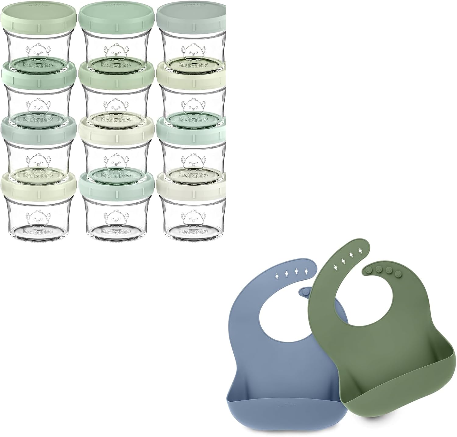 KeaBabies 12-Pack Baby Food Glass Containers and 2-Pack Silicone Bibs - 4 oz Leak-Proof, Microwavable, Baby Food Storage Containers - Waterproof, Easy Wipe Bibs for Babies, Toddlers