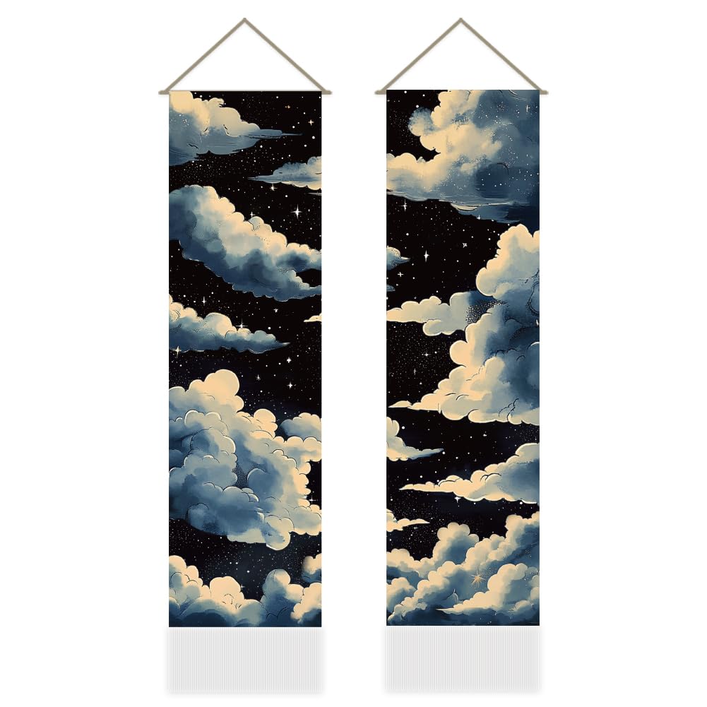 AHANDMAKER 2Pcs Starry Sky and Clouds Tapestry, Night Sky Tapestry Wall Hanging, Hand-Drawn Illustration Style Long Tapestries Wall Art with Tassels for Living Room Office Decoration, 45.7x13 Inch