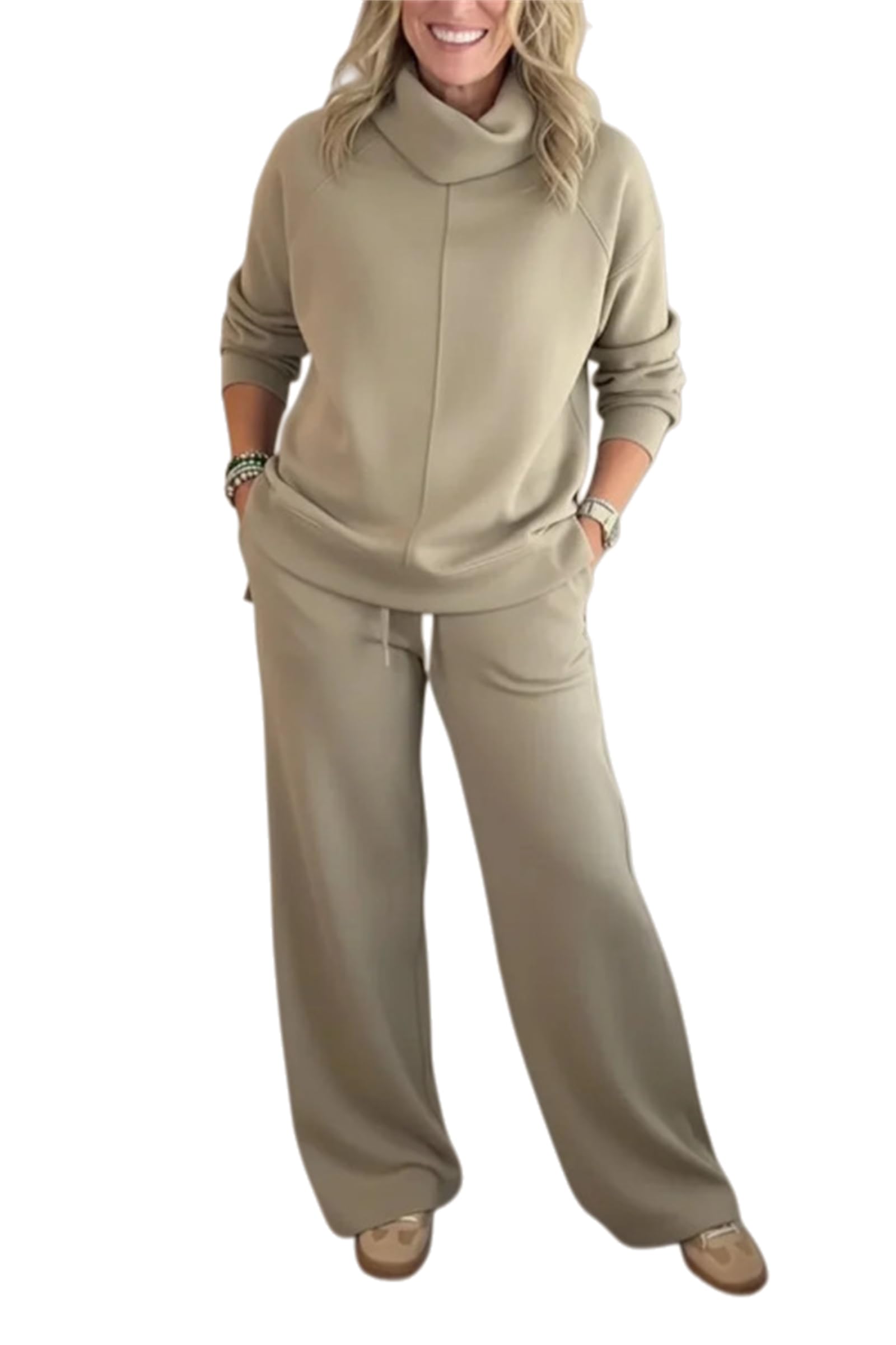 Generisch Przytulna damska bluza i spodnie, dwuczęściowy zestaw, bluza ze stójką i szerokimi nogawkami, zestaw garnituru do joggingu, zestaw wypoczynkowy (4XL, khaki)