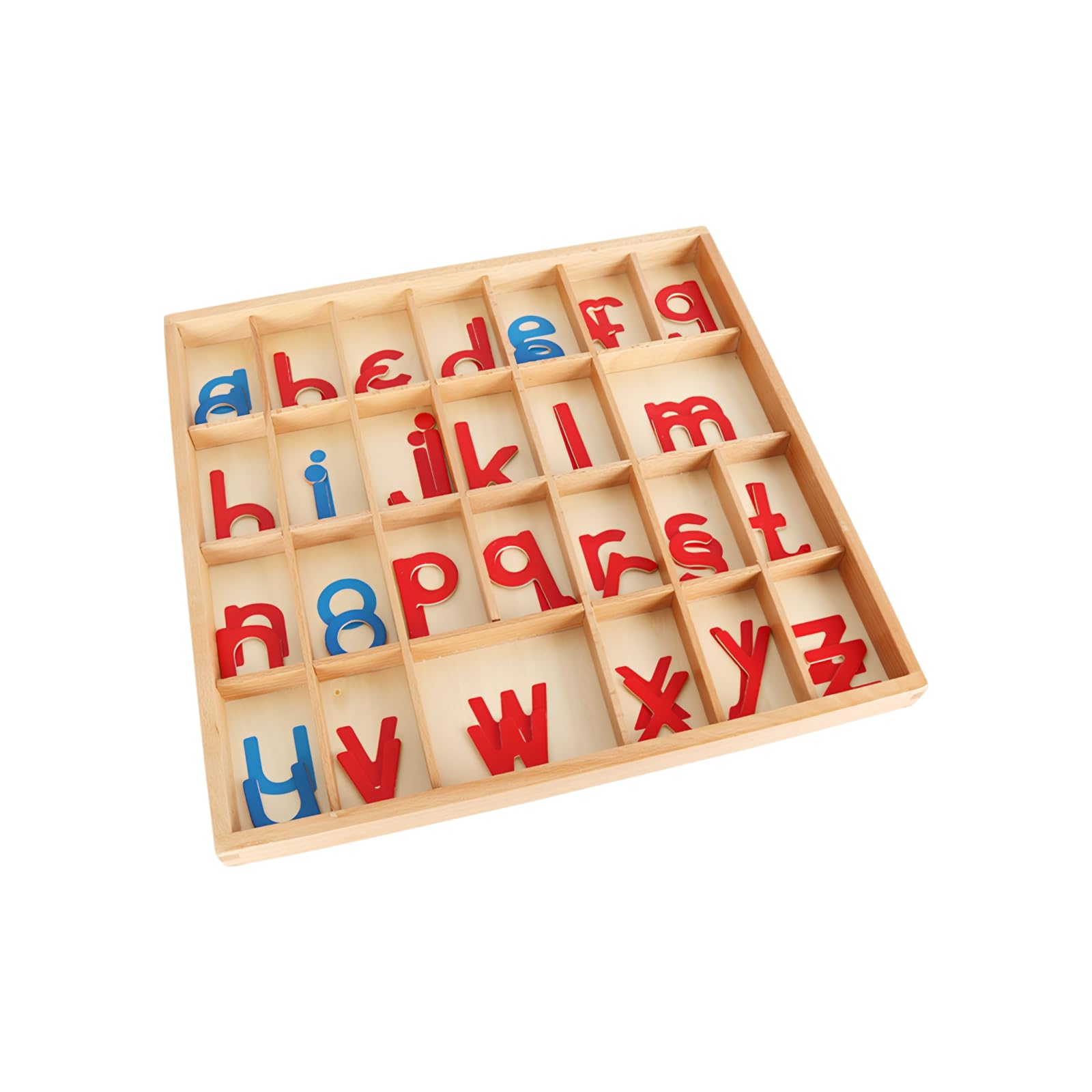 Alfabeto móvil con caja y manta, alfabetos de madera para educación temprana, letras cursivas pequeñas, consonantes rojas y vocales azules, 13.6 x 13 x 1 pulgadas
