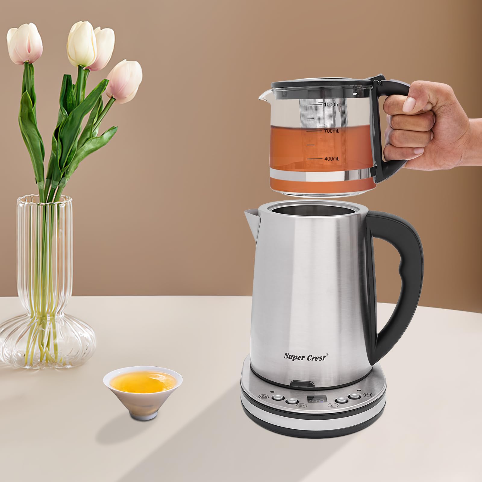 Ensemble bouilloire 2,5 l + 1 l, 1500 W, LCD, contrôle de la température et