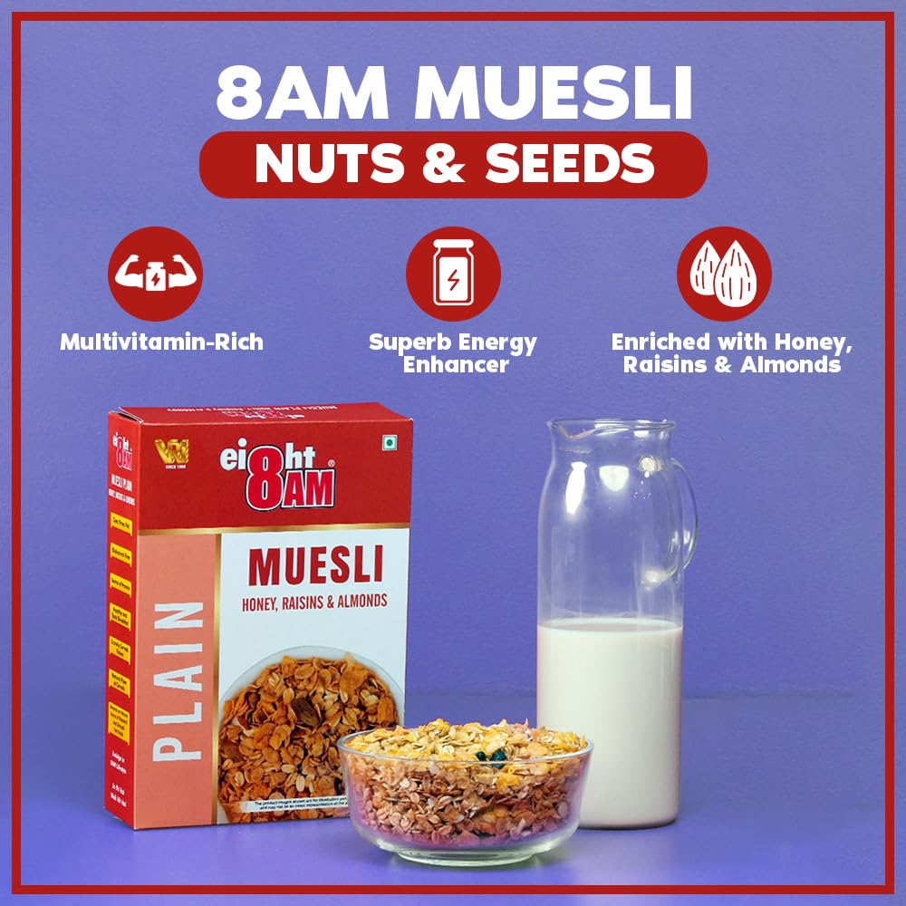 8AM Muesli Honey, Raisins & Almonds, 425 gm(Pack of 2), Sweetened with Natural Honey, Contain Seeds, Dry Fruits, Nuts, Multigrain Breakfast Cereal, Protein & Fiber Rich, Nutritious and Healthy Snacks 3