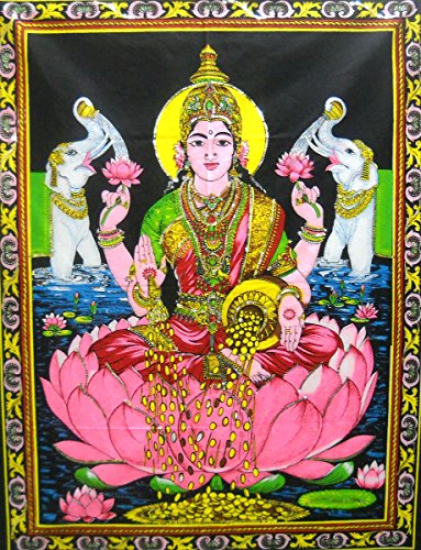 Crafts of India Goddess religious batik Lakshmi Cotton Wall Hanging Painting : Size 43"x30" Inches