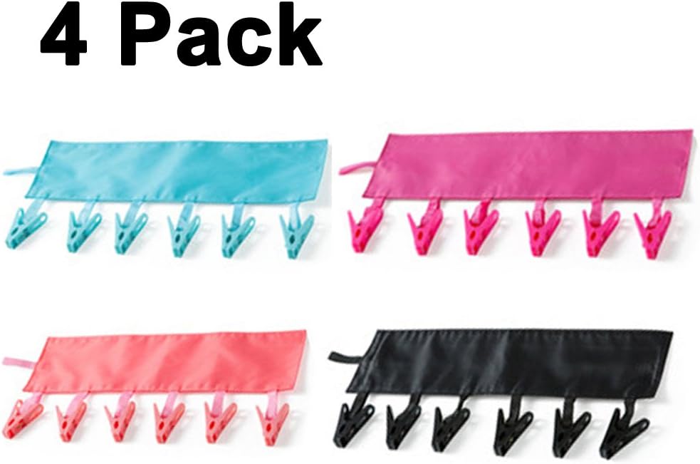 Travel Bathroom Folding Cloth Hanger, Pack of 4, Portable Foldable Clothespin Holder Hook 6 Clips (4, Multicolor)