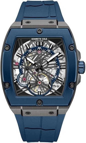 Kenneth Cole New York Mens Automatic Watch - Skeleton Dial, Curved Case, Contemporary Style, Blue-Blue Silicone, Automatic