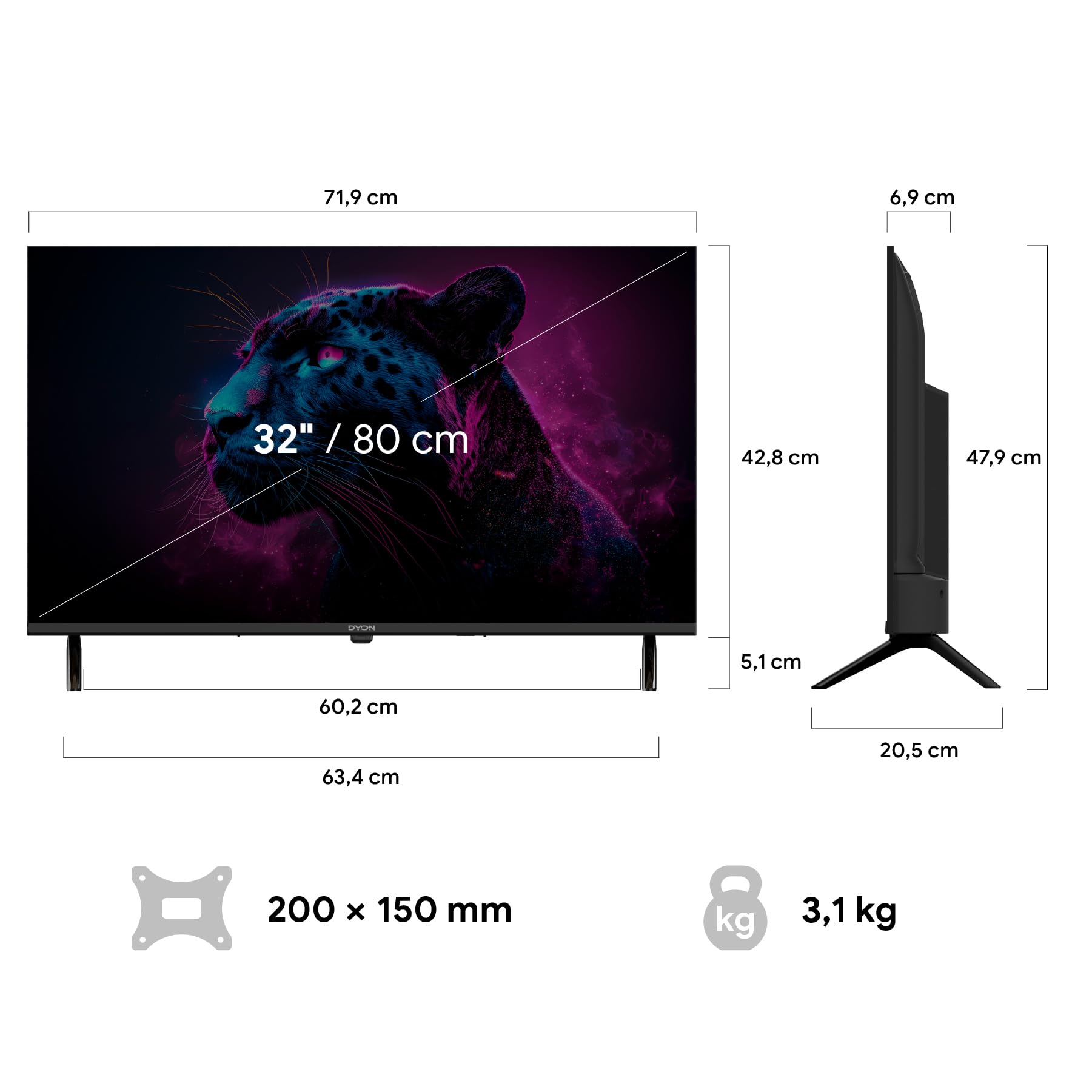 DYON Movie Smart 32 VX - 32 Zoll 80 cm Smart TV mit HD Triple Tuner (DVB-C/-S2/-T2), App Store, Prime Video, Netflix, YouTube, DAZN, Disney+, waipu.tv, Hotelmodus