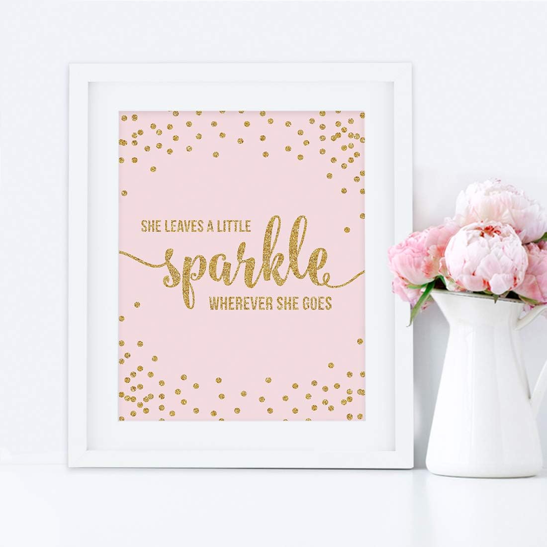 Andaz Press Blush Pink Gold Glitter Girl's 1st Birthday Party Collection, Wall Art Gift, 8.5x11-inch, She Leaves a Little Sparkle Wherever She Goes, 1-Pack, Unframed