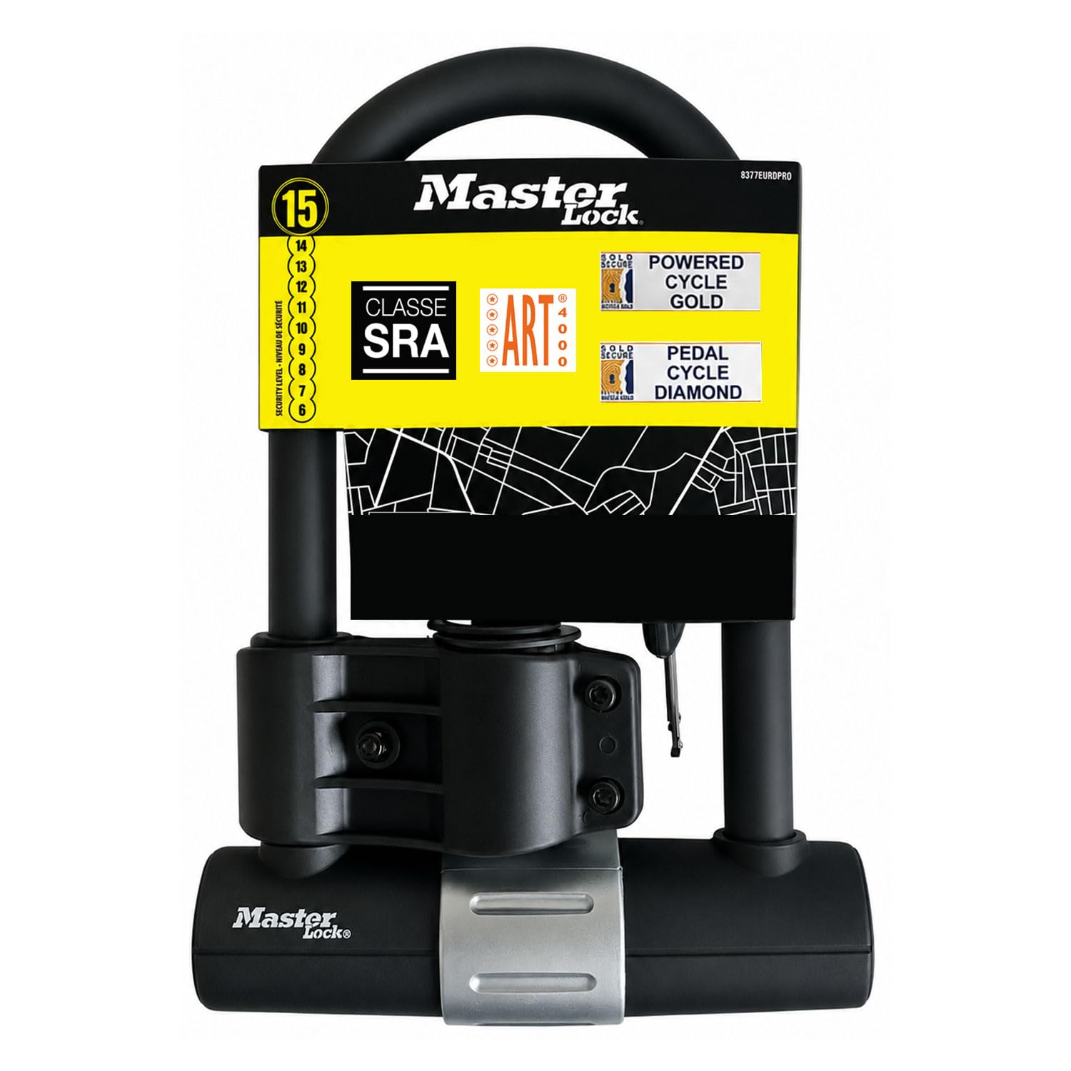 Master Lock 8377EURDPRO Antivol U moto homologué SRA assurance, support de montage universel à clé, antivol pour vélo certifié - Art4, Sold Secure Diamond, SRA assurance