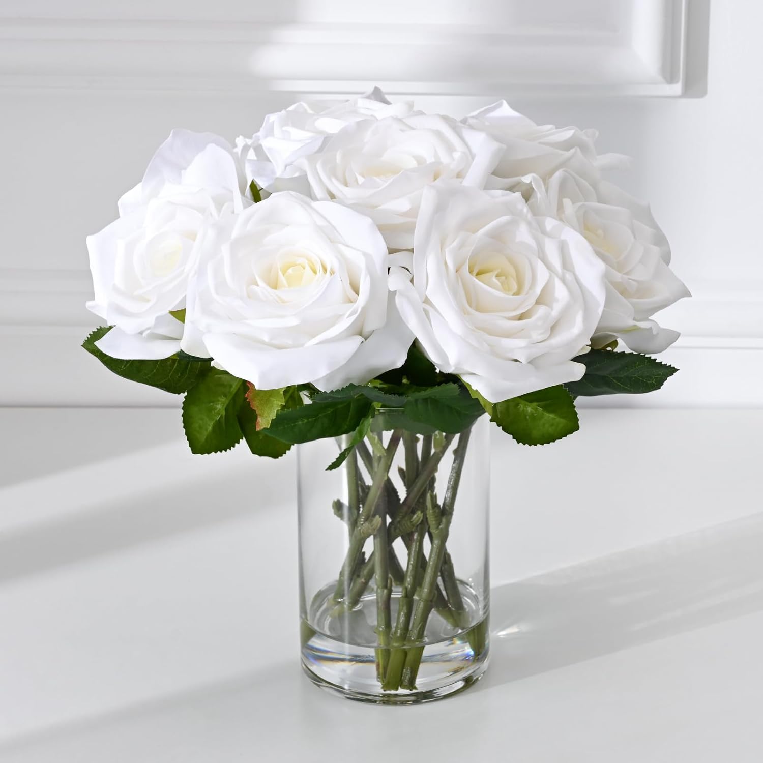 BLEUM CADE Luxury PU Fake Flowers in Vase with Faux Water, White Real Touch Roses Artificial Flowers with Glass Vase for Office Home Dining Room Centerpiece Table Decorations