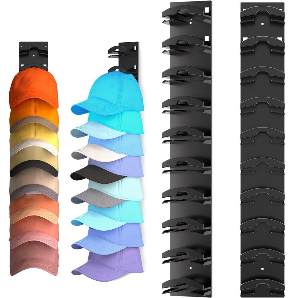 帽子収納ホルダー 省スペース 世帯 プラスチック キャップラック表示ハンガー 耐久性 ドアのクローゼットのため 野球帽オーガナイザー 吊り下げ収納(Black)