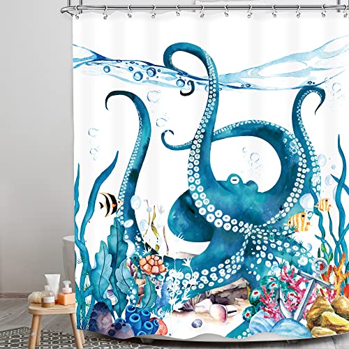 Lghtyro Funny Octopus Shower Curtain Bathroom Set 60Wx71H Inches Teal Blue Sea Ocean Underwater Animal Cartoon Turtle Anchor Fish Coral Bath Accessories Nautical Art Home Decor Fabric 12 Pack Hooks #TOP1