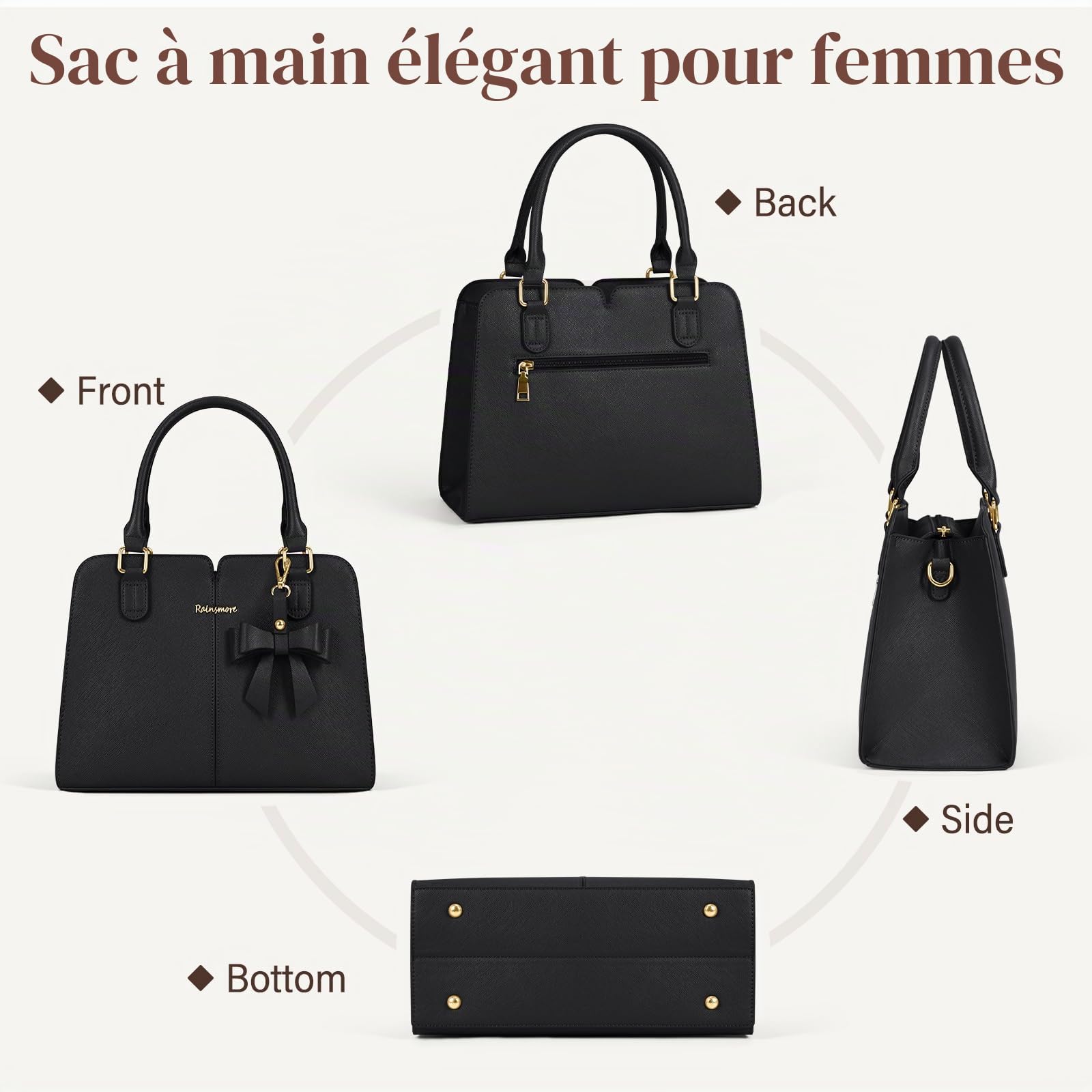 RAINSMORE Sac à Main Femme Cuir Sac à Main Portés Sacs Bandoulière Universitaire Imperméable avec Poche Antivol Sacs Fourre Tout avec Arc pour Travail Shopping École Voyage