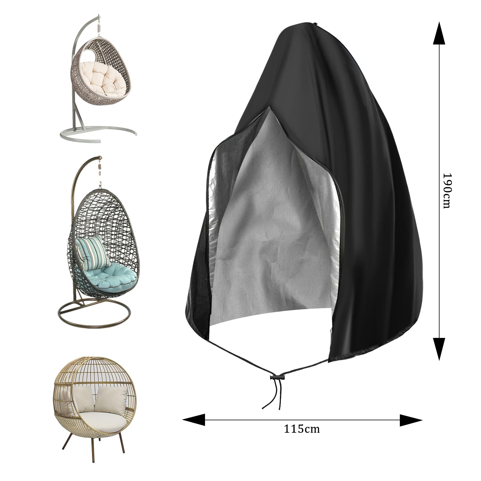 OMJMYY Hängesessel Abdeckung 210D Schutzhülle für Hängesessel 190x115cm Abdeckhauben für Schwebesessel Outdoor Hängestuhl Schutzhülle mit Reißverschluss Kordelzug Wasserdicht Winddicht UV-Beständig