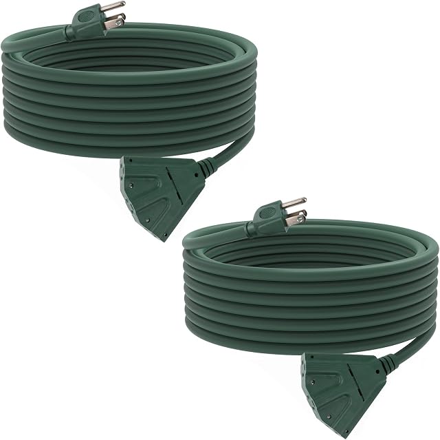 2 Pack 25 Ft Outdoor Extension Cord with 3 Electrical Power Outlets - 16/3 SJTW Green Cable with 3 Prong Grounded Plug