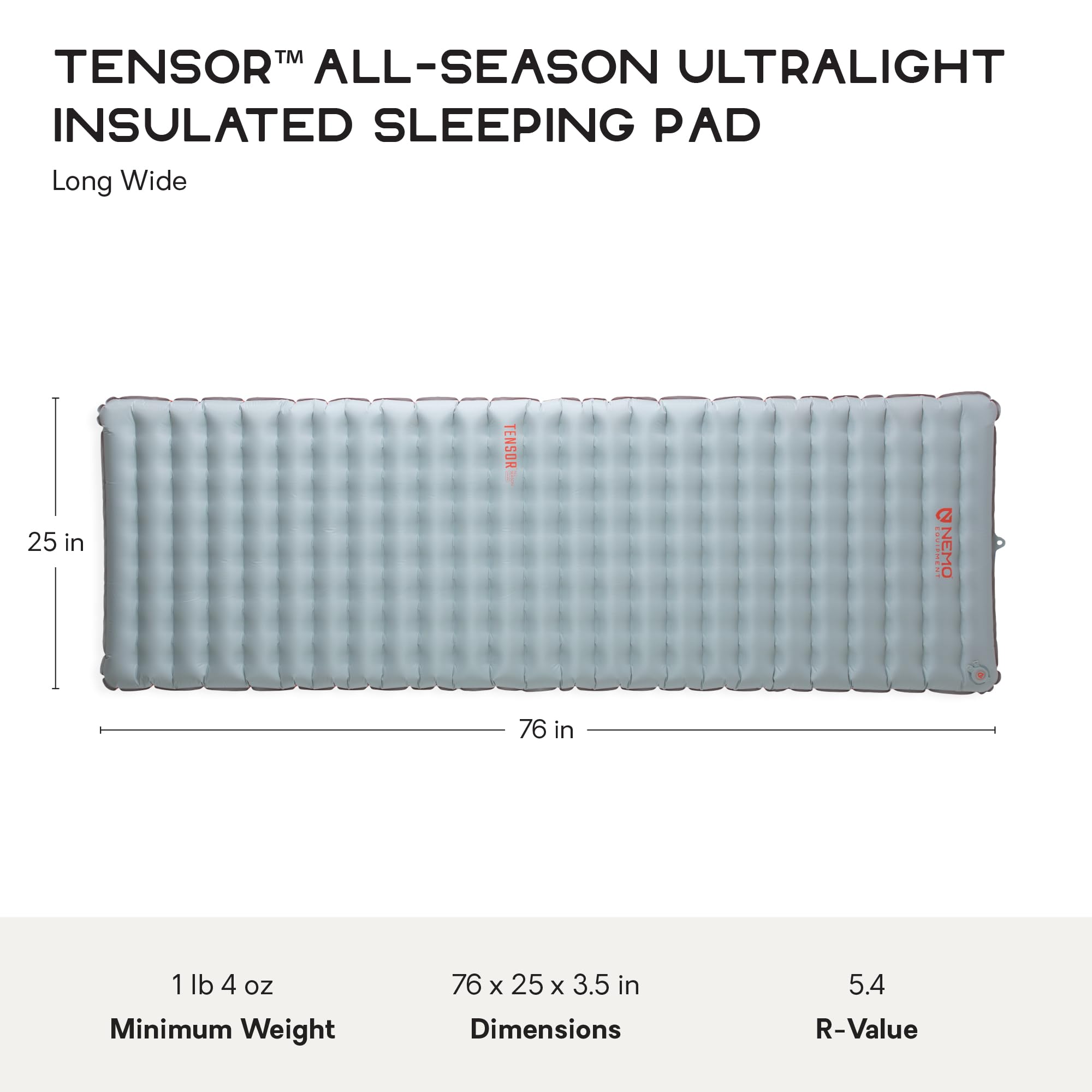 NEMO Equipment Tensor - Materasso a pelo isolato ultraleggero per tutte le stagioni, lungo e largo (193 x 63,5 cm) - Lama/arancio speziato