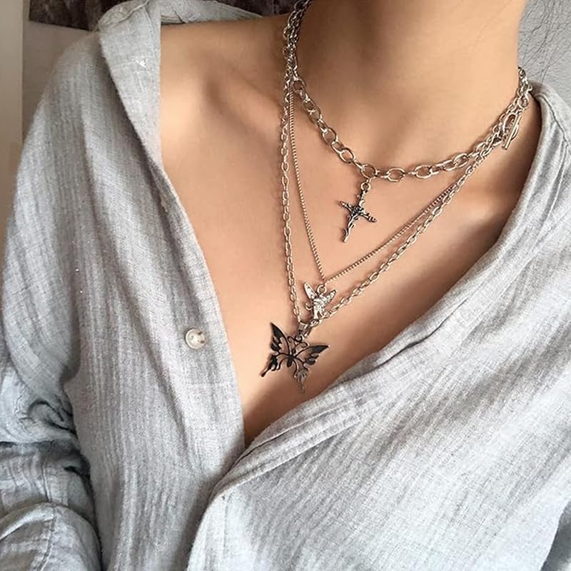 GuoShuang 19pcs Silver y2k necklace for women goth fairy grunge necklace alt cute y2k choker cross bufferfly heart angle jewelry set rings indie fairy grunge accessories3