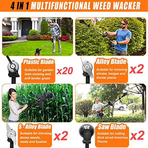 Weed Wacker Battery Powered Weed Eater Cordless Electric Grass Trimmer Lawn Edger Tool Brush Cutter, Push Lawn Mower, Wheeled No-String Trimmer For Garden Yard(2X 21V/ 2.0Ah Batteries, 4 Types Blades) #TOP2