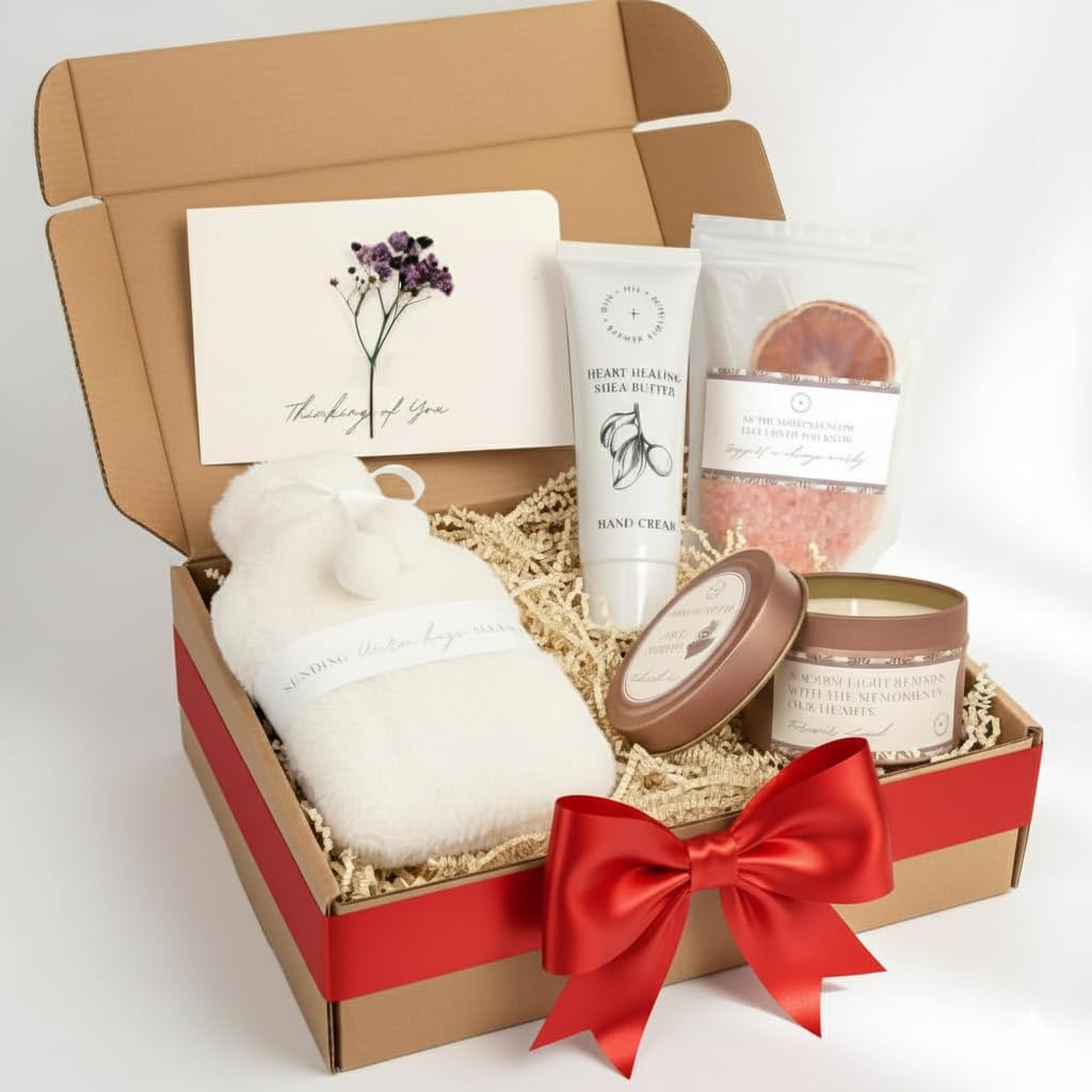 Sympathy Gift Baskets for Loss of Loved One – Bereavement Gift Basket with Bath Salts, Hot Water Bottle, Hand Cream, Sage Candle & Greeting Card –
