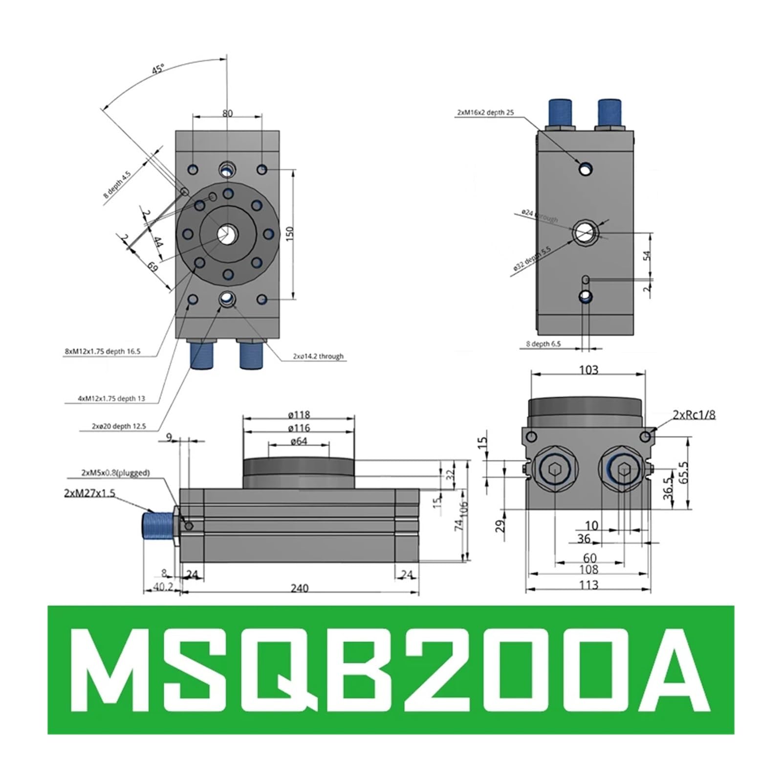 Regulowany obrotowy cylinder pneumatyczny 0-190 stopni MSQB10A MSQB20A MSQB30A MSQB50A MSQB10R MSQB70R MSQB100A MSQB200R | Cylinder pneumatyczny (MSQB200A)