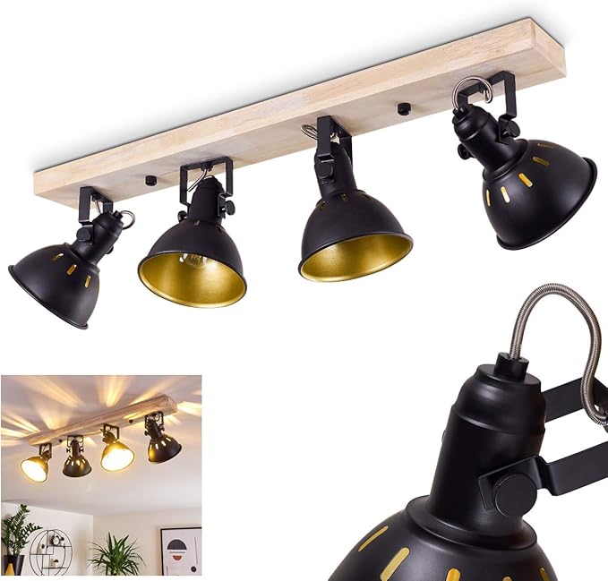 hofstein Plafondlamp Tina, 4-lichts plafondlamp van metaal in zwart-goud en hout, retro plafondlamp, 4 x E14, de lampkoppen kunnen gedraaid en gezwenkt worden,zonder lampen