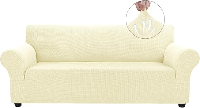 Asnomy Couch Covers for 3 Cushion Couch Stretch Sofa Covers Slipcovers, Pet Protector Furniture Covers for Dogs Cats Spandex Jacquard Fabric Small Checks Large,Off-White