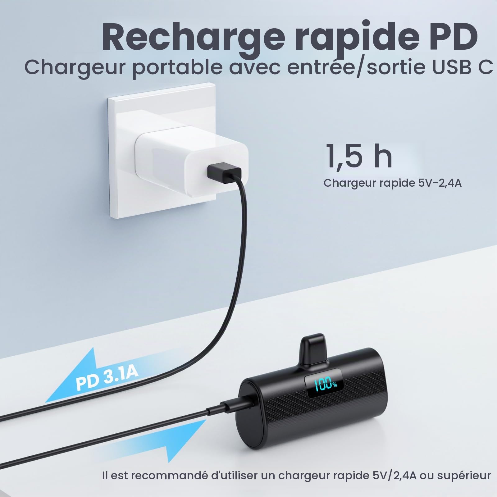 Mini Batterie Externe pour iPhone 5200mAh, Power Bank 20W PD Charge Rapide Chargeur Externe avec Écran LCD, Petit Batterie Portable Compatible avec iPohone 14/13/12/11/XR/X/8/SE