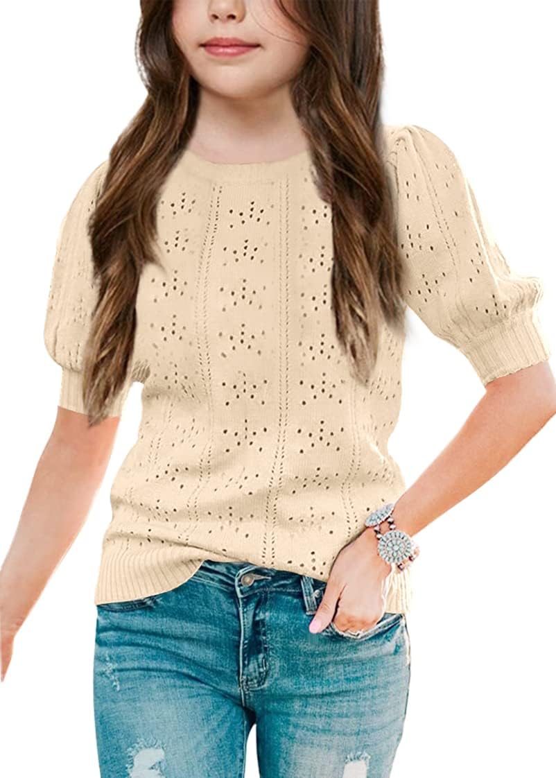 Batermoon Girls' Puff Short Sleeve Sweaters Crewneck Hollow Out Knit Pullover Tops