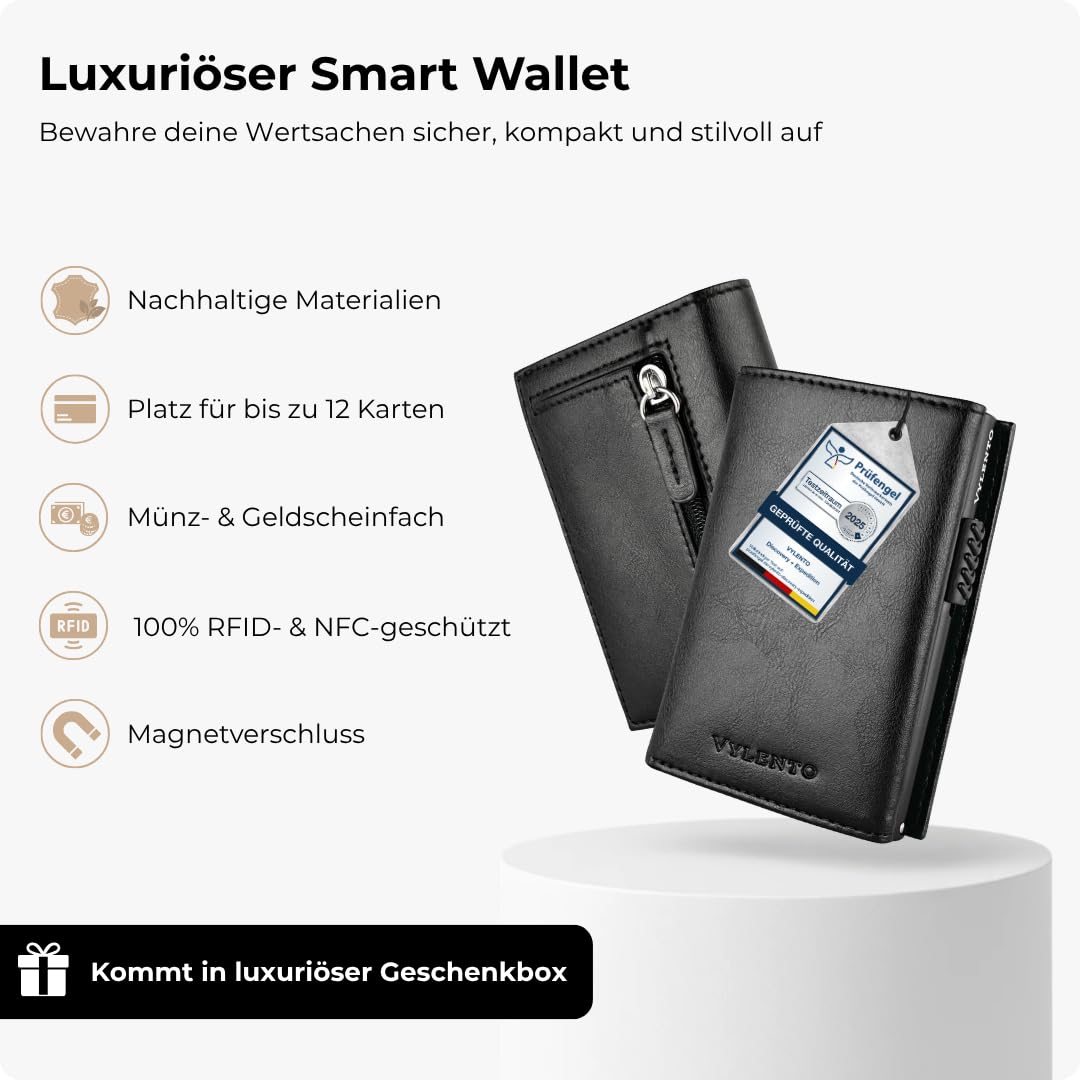 Premium Smart Wallet mit Münzfach - Geldbörse mit RFID Schutz für 12 Karten - Slim Wallet Herren und Damen - Kartenetui - Kleine Portemonnaie - Expedition Schwarz