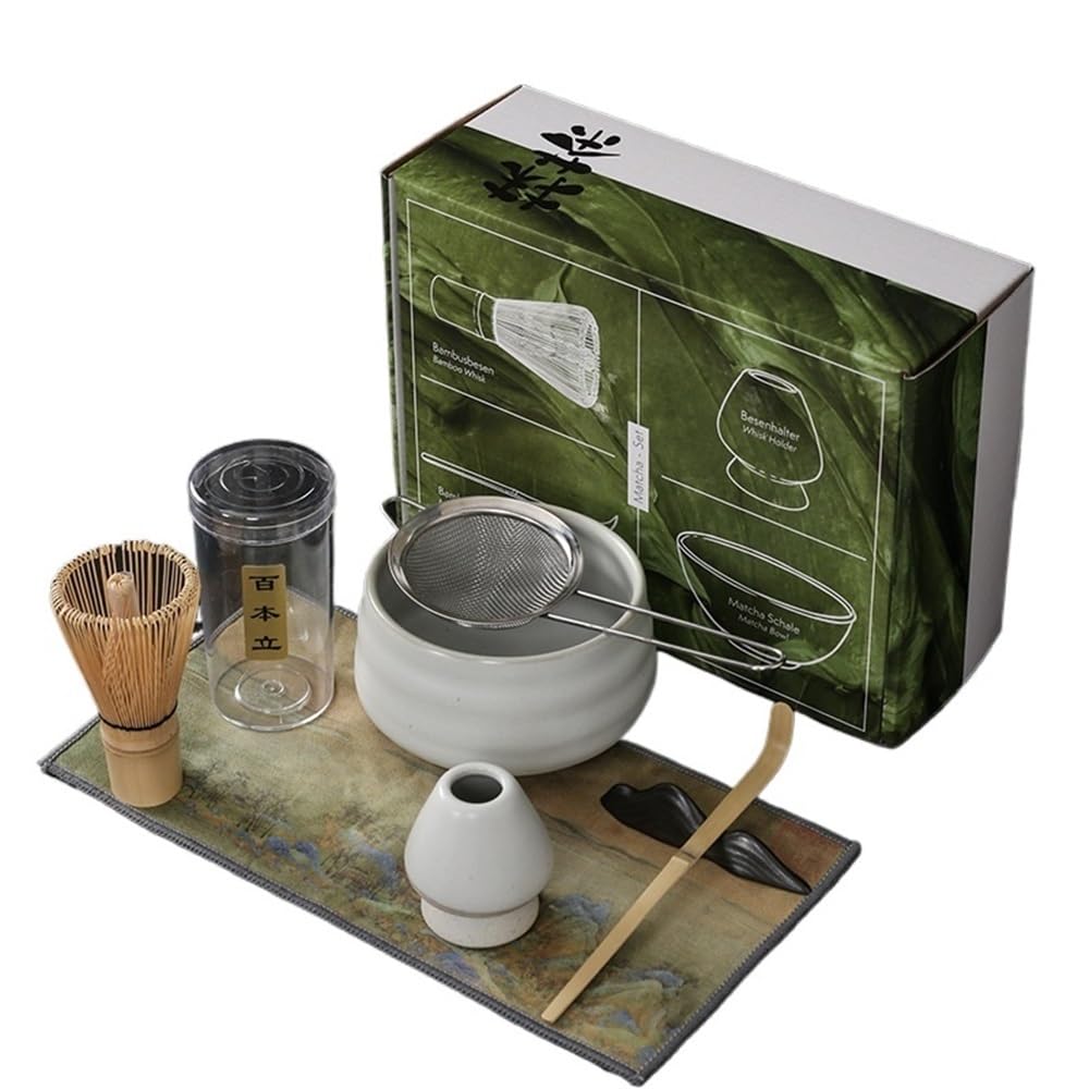 LZM-DIEWLEI Japanese Matcha Tea Set 7 Pcs Ceramic Matcha Bowl, Ceramic Whisk Holder, Matcha Whisk, Scoop, Sifter, Matcha Caddy, Tea Making Kit, Handmade Japanese Tea Ceremony Matcha Tea Kit(White-a)
