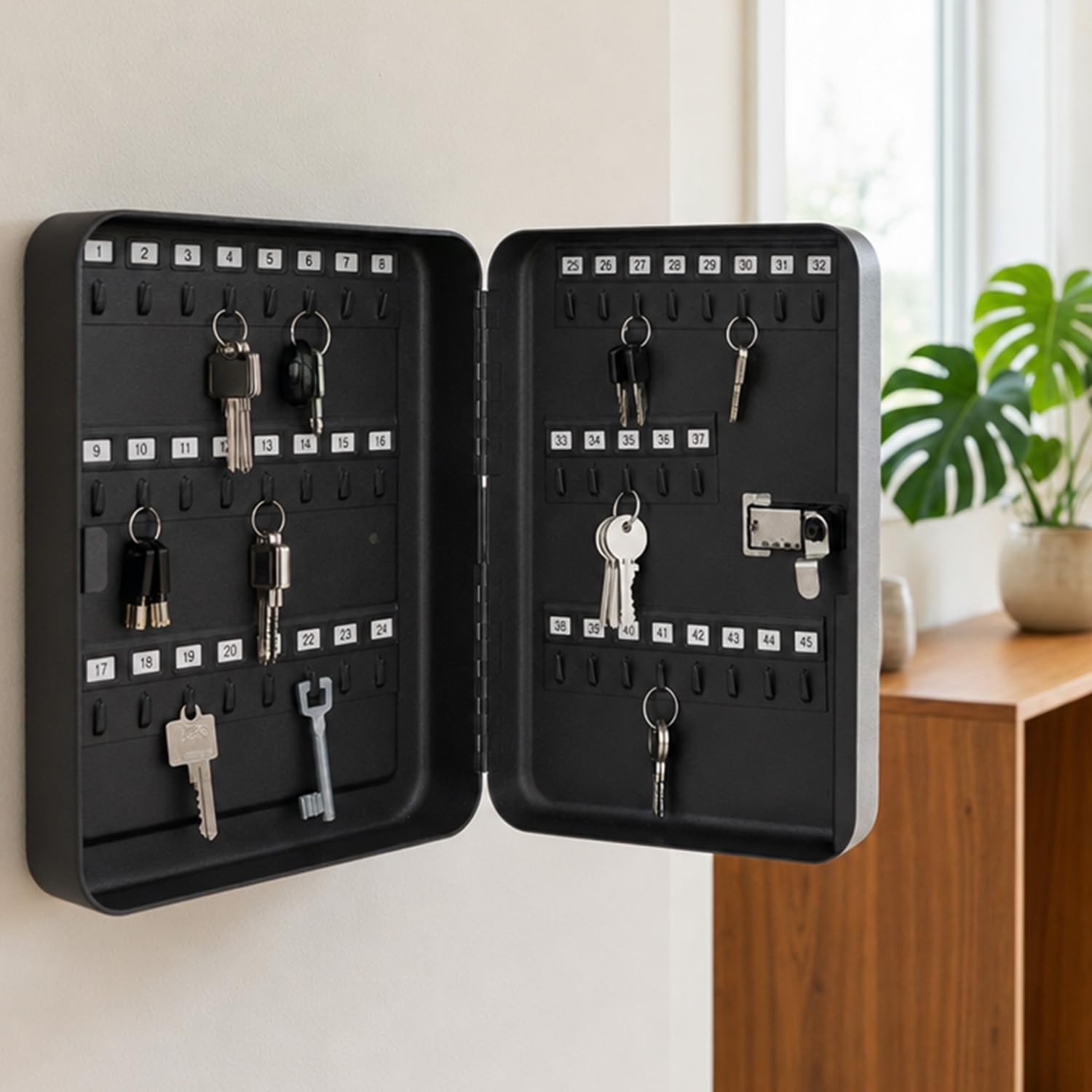 HMF Caja para Llaves Grande de Acero, Armario para Llaves con código numérico para Pasillo, despacho o Garaje | 45 Ganchos | 30 x 24 x 7,5 cm | Negro