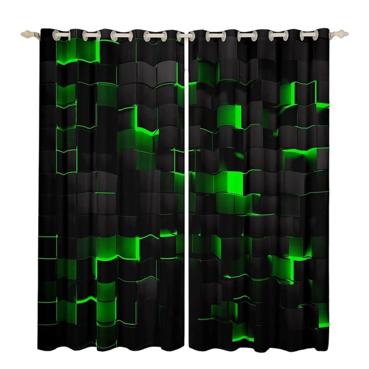 Homewish Black Green Window Curtains 2 Panel Sets 46x54 Geometric Check Grid Blackout Curtains for Bedroom Living Room,Stereoscopic Abstract Square Window Treatments Drapes Neon Plaid Decor