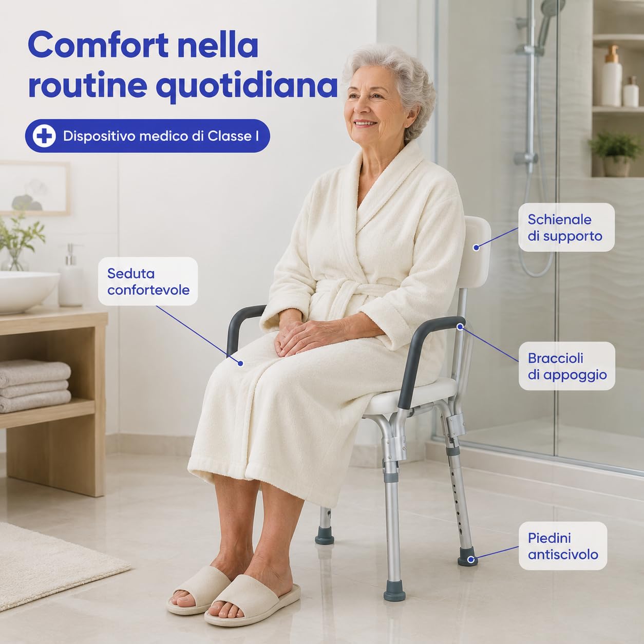 APP LIFE Sedia Doccia Anziani, Regolabile con Schienale e Braccioli | Dispositivo medico di Classe I, regolabile su 5 livelli, con schienale e braccioli