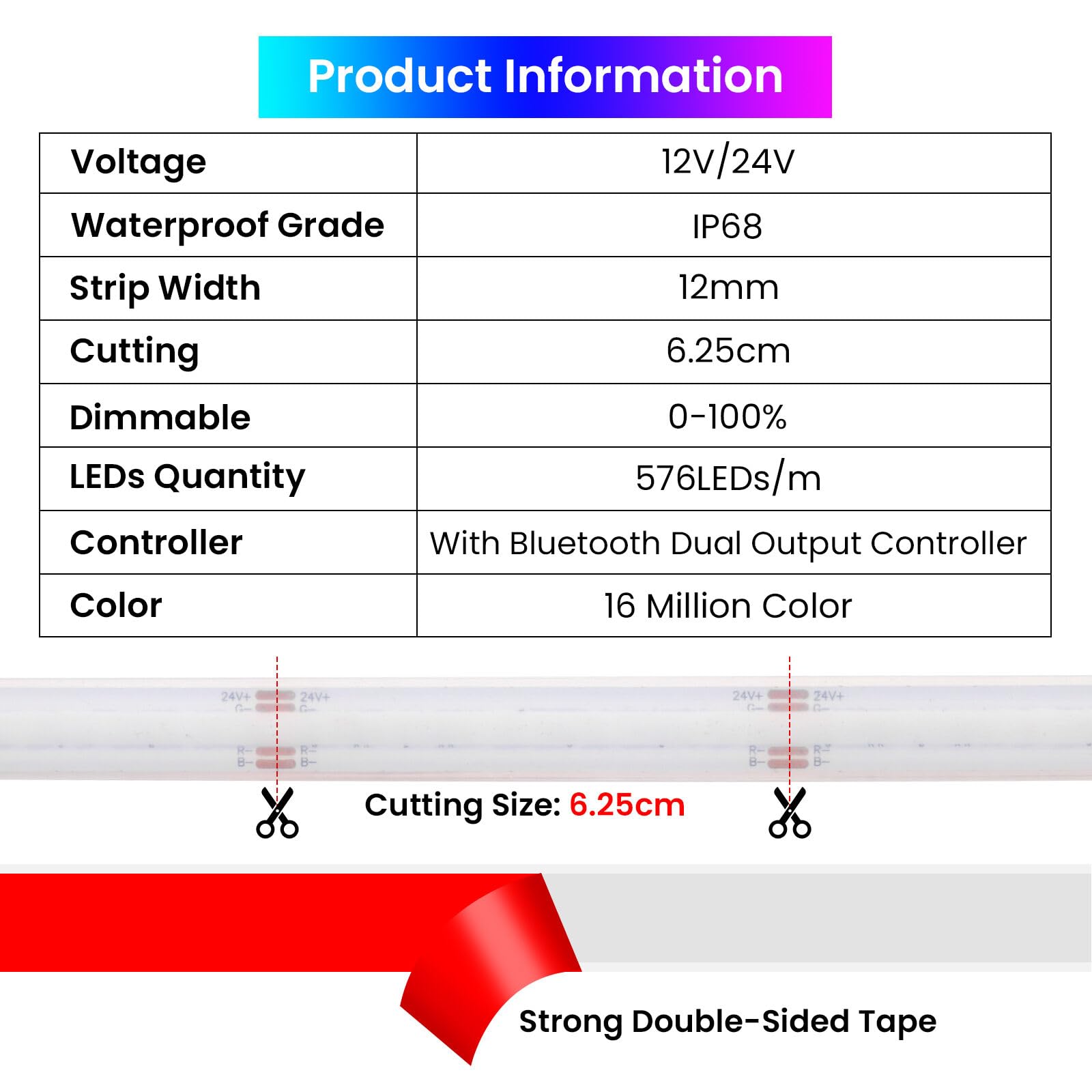 12V RGB COB LED Streifen, Wasserdicht IP68 576 LEDs/m 16 color Dimmbar Selbstklebend Bandlicht mit 44 Tasten IR Bluetooth Musik RGB Controller für Küche Wohnzimmer Heim Garten im Freien Deko
