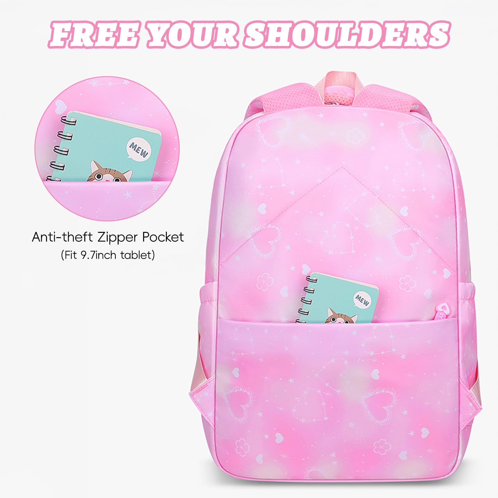 Amythe Zaino Scuola Elementare Bambina 3 Pezzi, Set Zaini Bambina Set 8-15 anni con Sacchetto per Pranzo e Astuccio per Matite, Kawaii Zainetto Ragazza, Rosa