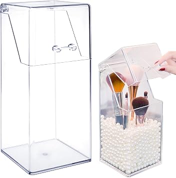 Makeup Brush Holder, Acrylic Cosmetic Organiser Storage Box, Transparent Makeup Brush Organiser with Dustproof Lid Square Jewellery Storager for Dresser, Bedroom, Bathroom