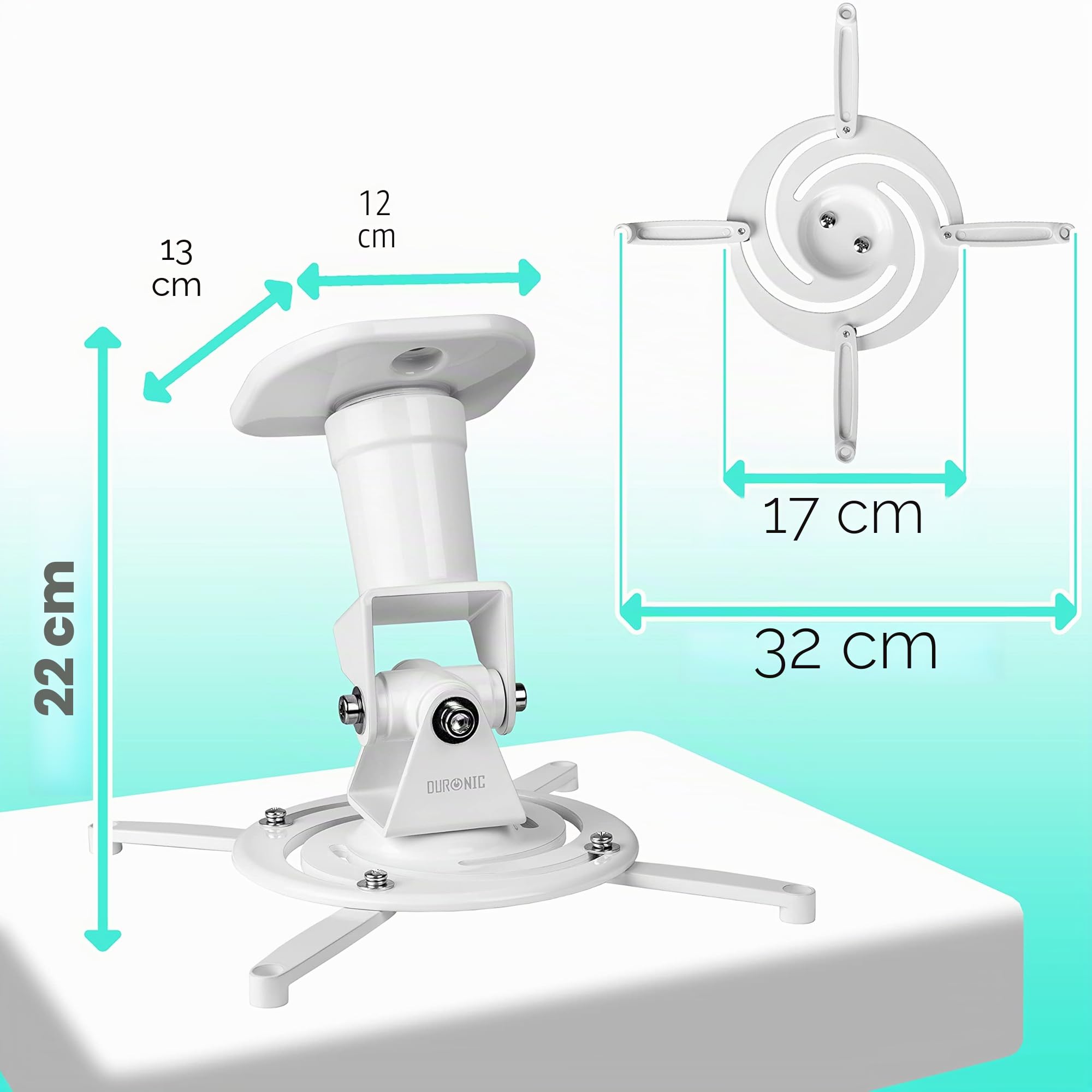Duronic PB07XB Soporte para Proyector de Techo y Pared, Universal, Giratorio 360º y Articulable hasta 180º, Carga Máx.10 kg, Cine en Casa, Videojuegos, Presentaciones, Color Blanco