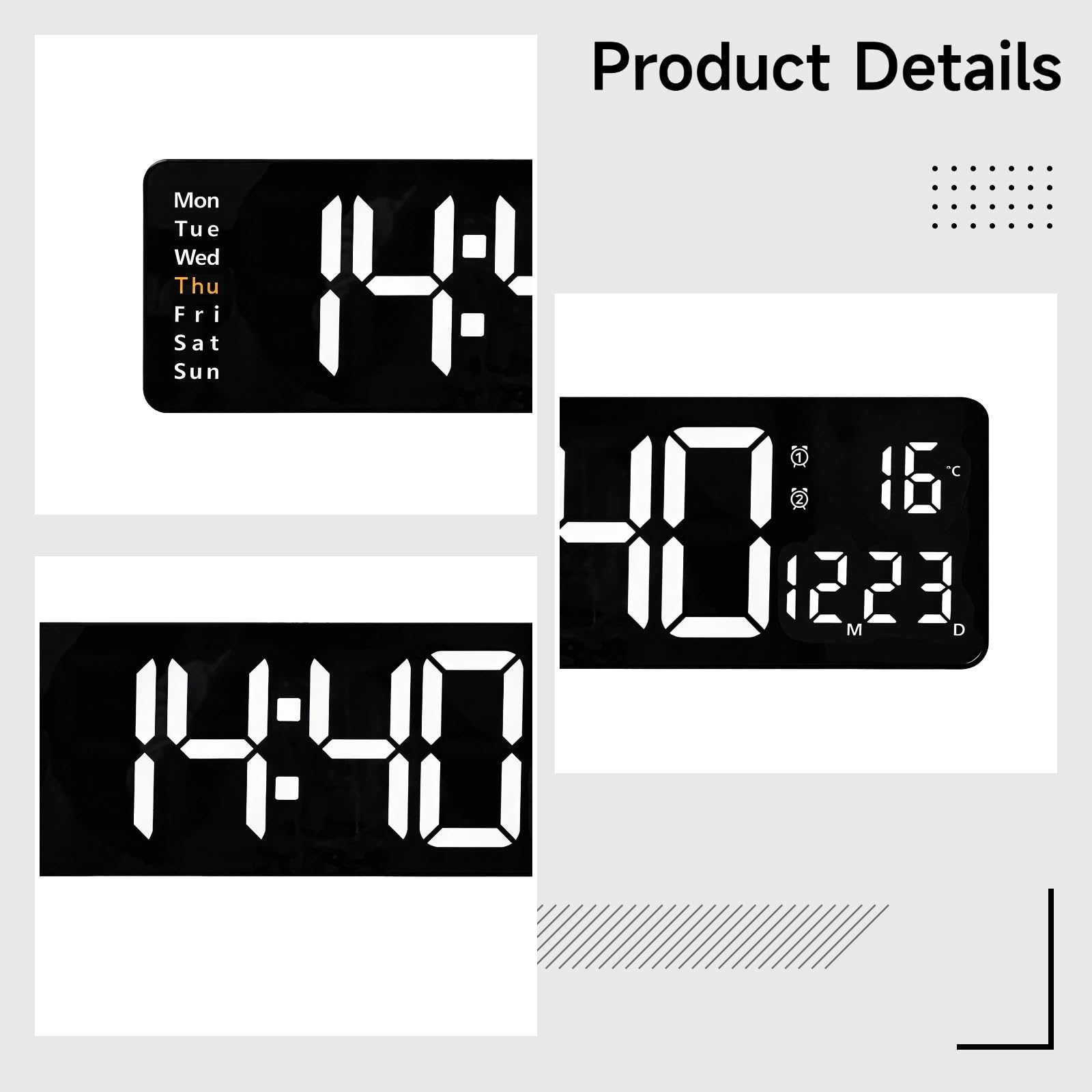 PONDON Orologio da parete digitale bianco 16, display a LED con telecomando, luminosità automatica, temperatura, data, ideale per qualsiasi stanza