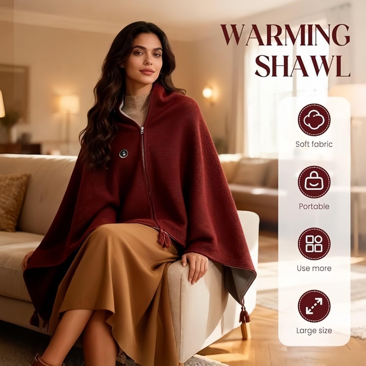 Portable Heated Shawl Heated Blanket Heated Shawl Wraps for Women Portable Soft Zipper Electric Heated Blanket Shawl USB Heated Blanket 3 Heating Levels Christmas Gifts for Women (C（no Power Bank）)
