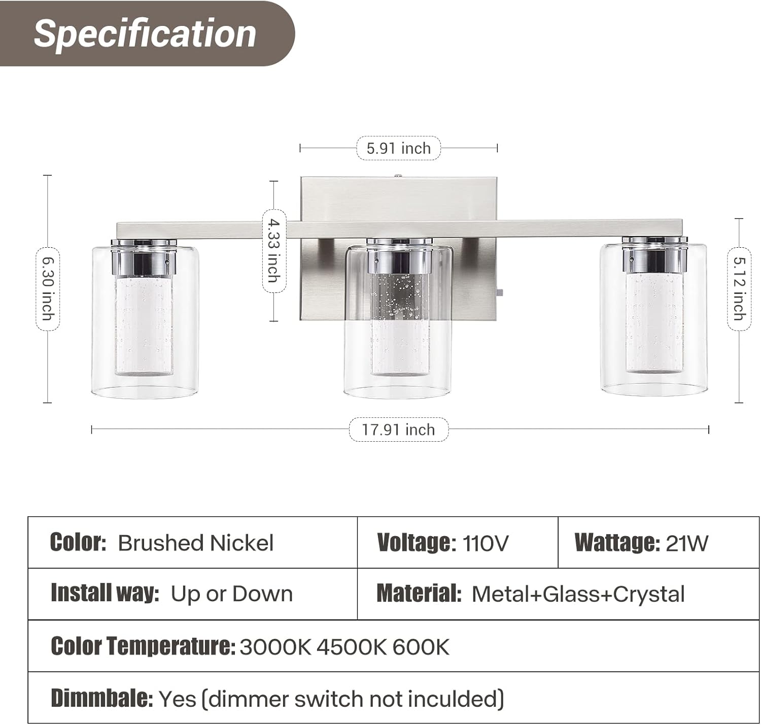 Bathroom Light Fixtures, 3 Light Brushed Nickel Bathroom Vanity Light over Mirror, 3 Color LED lights with Crystal Bubble and Clear Glass, White/Neutral/Warm Light Dimmable Wall Sconce Lighting