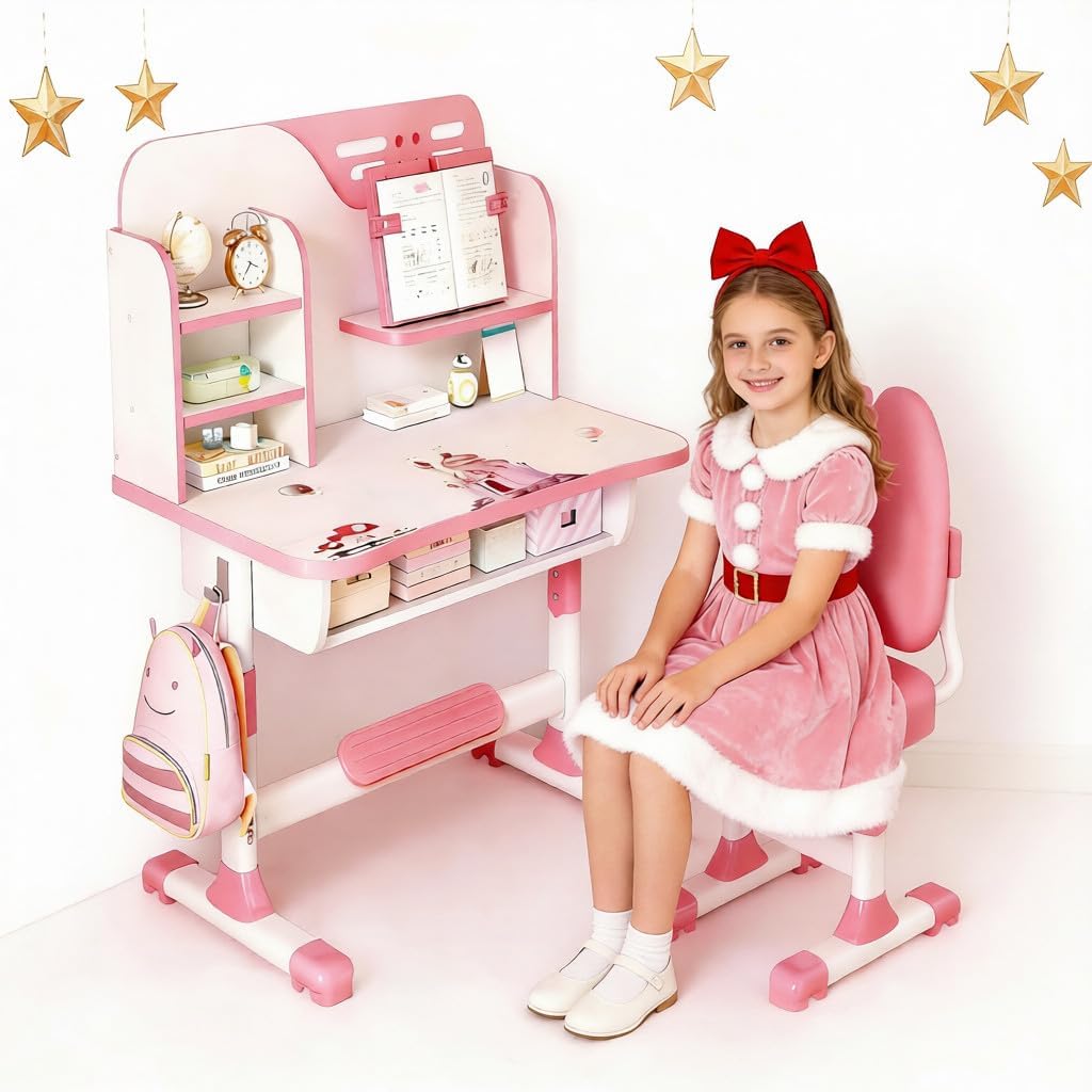 Kids Study Desk and Chair Set, Height Adjustable Children Table and Chair Set with Backpack Hooks Storage Drawer Ergonomic Back Support Design Study Desk for Boy and Girl Pink