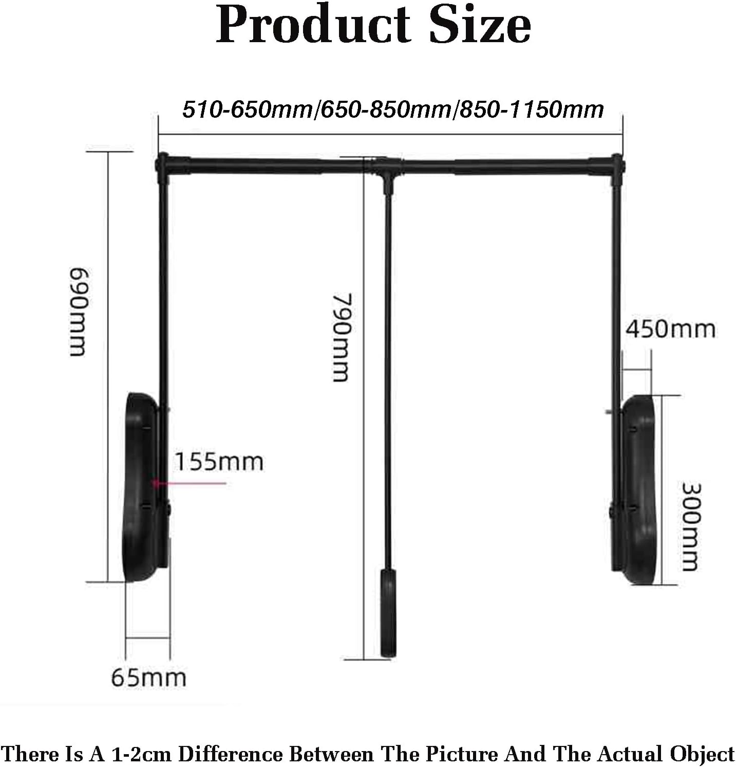 Adjustable Pull Down Closet Rod, Extendable Aluminum Alloy Wardrobe Rail, Soft Return Cloth Hanger, 20KG Load Capacity, 650-850mm, Ideal for Clothes Storage (Black) image 2